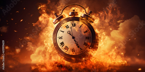 Alarm Clock on fire, time's burning end in fiery clock image, time is money concept, Generative AI.