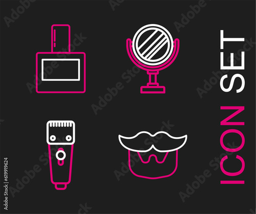 Set line Mustache and beard  Electrical hair clipper or shaver  Round makeup mirror and Aftershave icon. Vector