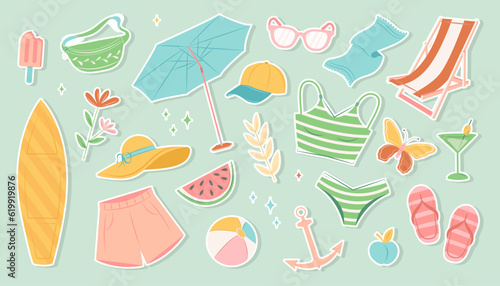 Summer vector icon set for sticker. Icons, signs and banners. Bright summertime poster. Collection elements for summer holiday and party. Cartoon vector illustration. Flat style sticker. Cute elements