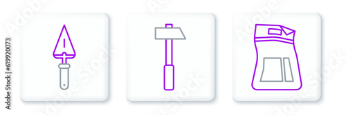 Set line Cement bag, Trowel and Hammer icon. Vector