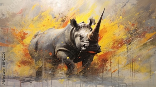 rhino form and spirit through an abstract lens. dynamic and expressive rhino print by using bold brushstrokes, splatters, and drips of paint. rhino raw power and untamed energy