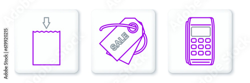 Set line Pos terminal, Paper shopping bag and Price tag with an inscription Sale icon. Vector