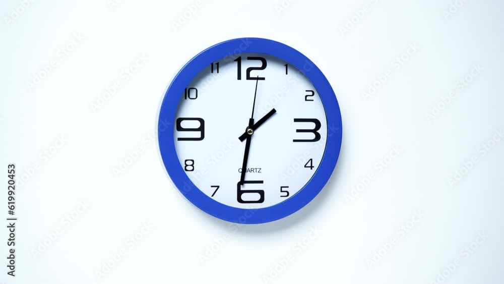 Blue wall clock ticking showing half past one, 13.30 pm. Time deadline concept. Time lapse. Blue wall clock ticking showing half past one, 13.30 pm. Time deadline concept. Time lapse.