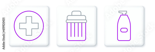 Set line Bottle of liquid antibacterial soap  Cross hospital medical and Trash can icon. Vector