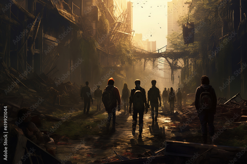group of survivors navigating through a post-apocalyptic urban landscape, generative ai 