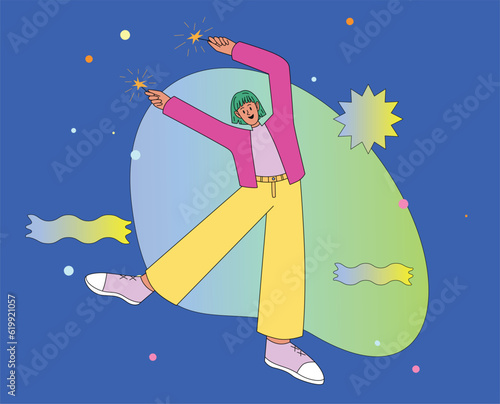 Joyful cute Girl with Sparklers in her hands is having Fun at the Party. Birthday Celebration. Vector Illustration of a Character on a Holiday.