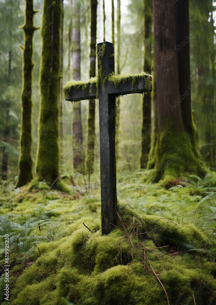In a serene forest setting, a natural burial grave is marked by a wooden cross nestled among the moss. generative ai In a serene forest setting, a natural burial grave is marked by a wooden cross nestled among the moss. generative ai
