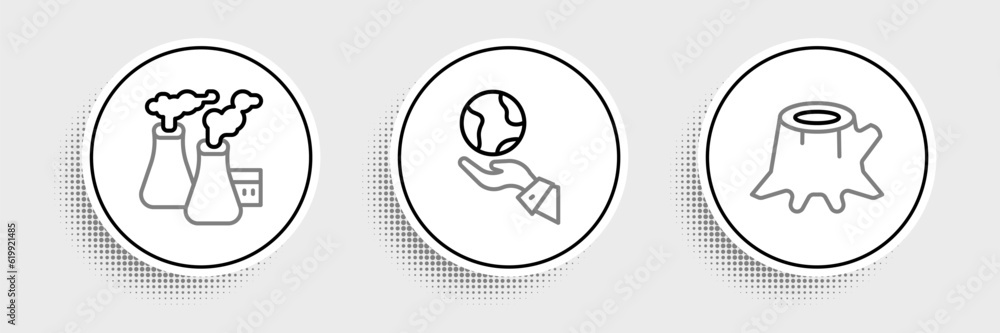 Set line Tree stump, Smoke from factory and Hands holding Earth globe icon. Vector Set line Tree stump, Smoke from factory and Hands holding Earth globe icon. Vector