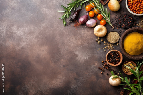 assortment of herbs, spices, and seasonings on a dark background in the style of light orange and maroon with the use of earth tones and polished concrete.