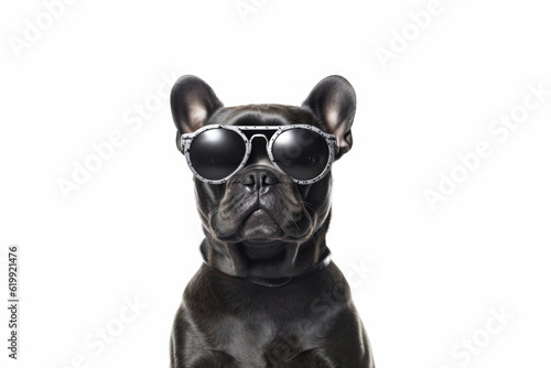 serious dog wearing sunglasses. He is looking directly at the camera, and his facial expression makes the viewer smile © vefimov