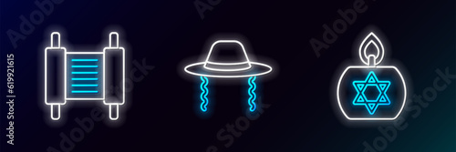 Set line Burning candle, Torah scroll and Orthodox jewish hat icon. Glowing neon. Vector