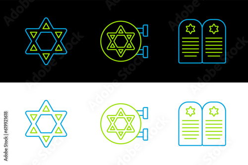 Set line Tombstone with star of david, Star David and Jewish synagogue icon. Vector