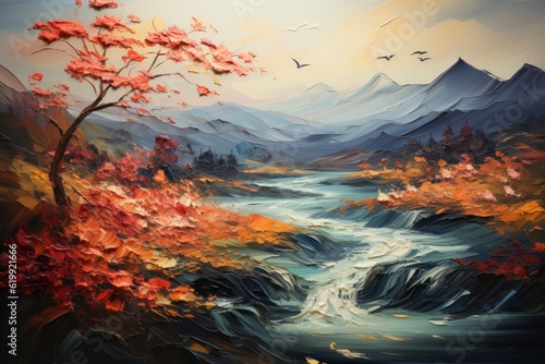 oil painting on canvas of a autumn landscape with a river and brown vegetation