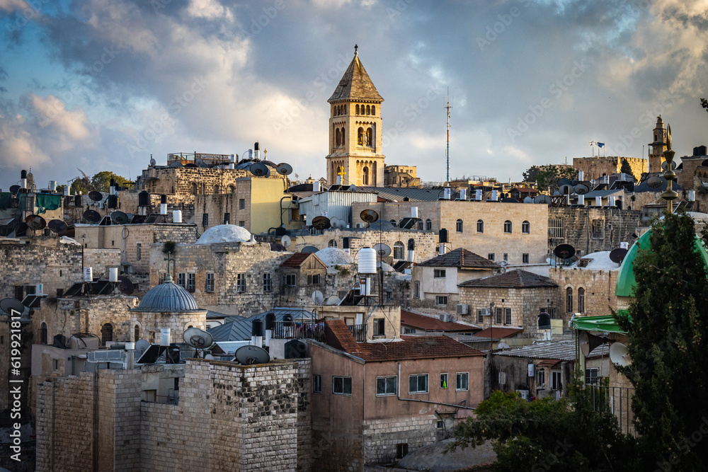 view from austrian hospice over old city of jerusalem, israel, jerusalem, old city, middle east, sunset