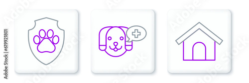 Set line Dog house, Animal health insurance and Veterinary clinic symbol icon. Vector