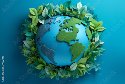 planet Earth with green leaves wrapped around it, symbolizing nature, ecology, and care for the environment, sustainable development