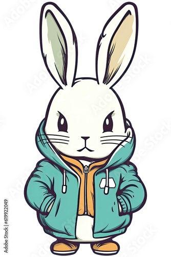 grumpy bunny wearing sweatshirt on transparent background, kawaii style