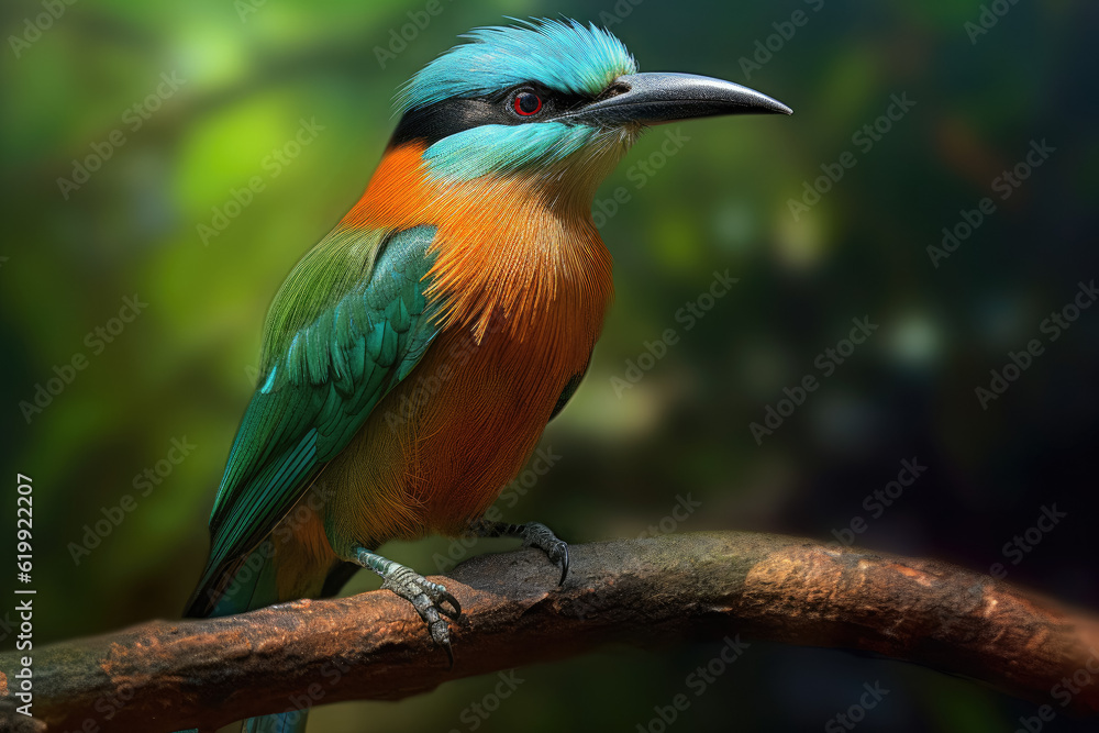 Stunning Turquoise-Browed Motmot, displaying its colorful plumage. Generative Ai, Ai. Stunning Turquoise-Browed Motmot, displaying its colorful plumage. Generative Ai, Ai.