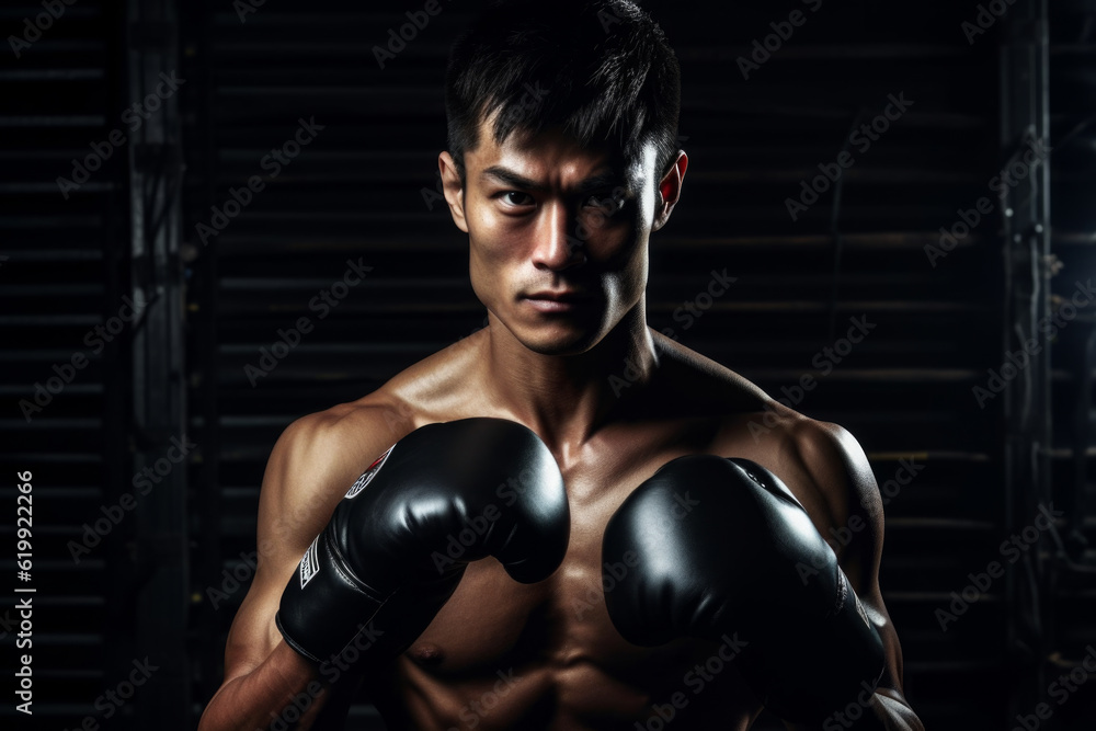 Asian boxer in black gloves posing for the camera. fighter standing tall and ready for action. In his hands, he wears black boxing gloves, indicating his professionalism and experience in the sport.