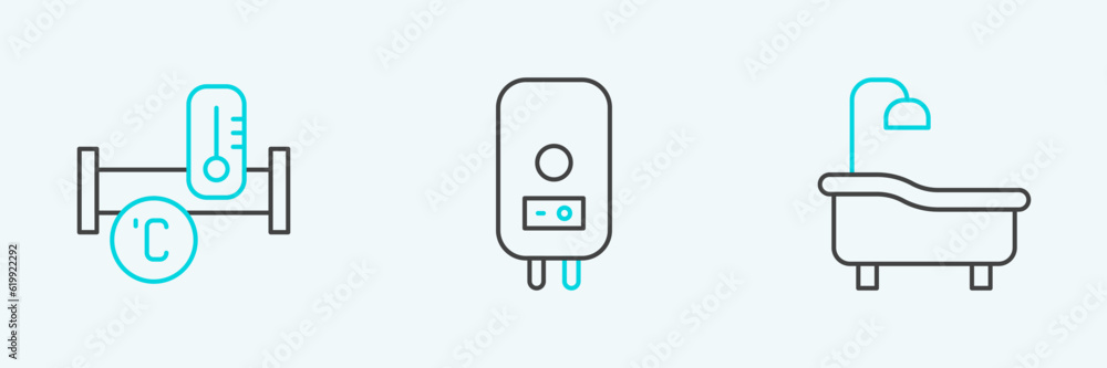 Set line Bathtub, Industry metallic pipe and Electric boiler icon. Vector Set line Bathtub, Industry metallic pipe and Electric boiler icon. Vector