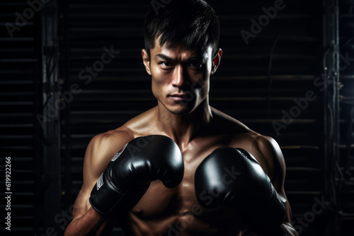 Asian boxer in black gloves posing for the camera. fighter standing tall and ready for action. In his hands, he wears black boxing gloves, indicating his professionalism and experience in the sport. © vefimov