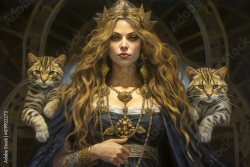 Freya - The goddess of love, beauty, fertility, and fine material possessions. Brísingamen, a beautiful necklace. Neckline dress; Two cats. Cloak with feathers; Lush hair. Grotesque Fantasy style photo