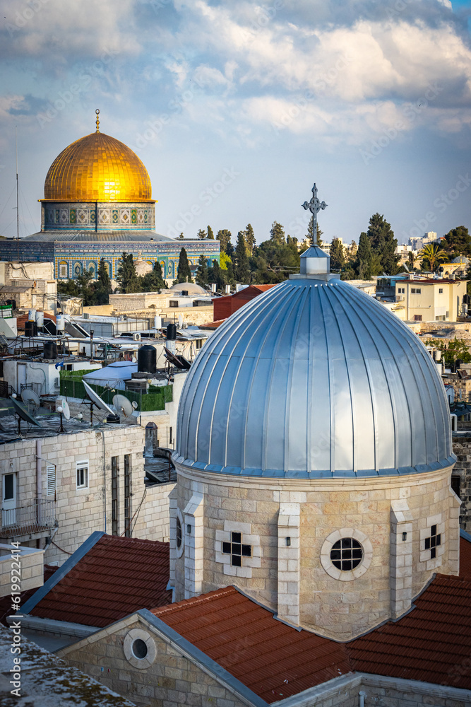 view from austrian hospice, dome of the rock, church of  our lady of the spasm, armenian catholic, silver dome, israel, jerusalem, old city, middle east