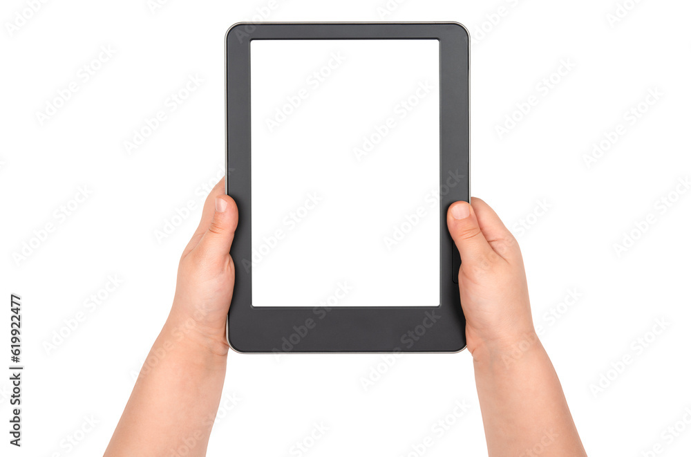 Child's hands holding e-book with blank display isolated on transparent background Child's hands holding e-book with blank display isolated on transparent background