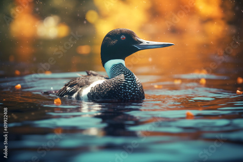 Duck loon bird animal swims on blue water in the river or lake. Common loon or great northern diver - Gavia immer. Generative AI photo