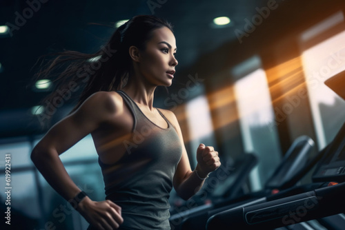 woman running across a treadmill in a gym. She is wearing sports clothing and shoes, doing a cardio workout