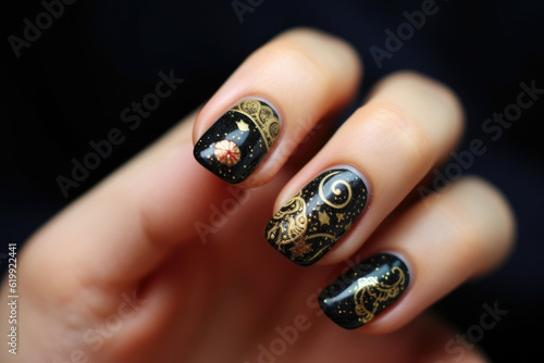 The female hand with beautiful nail art, colorful gel polish and a fashionable manicure drawing. Background of style and design. Generative ai