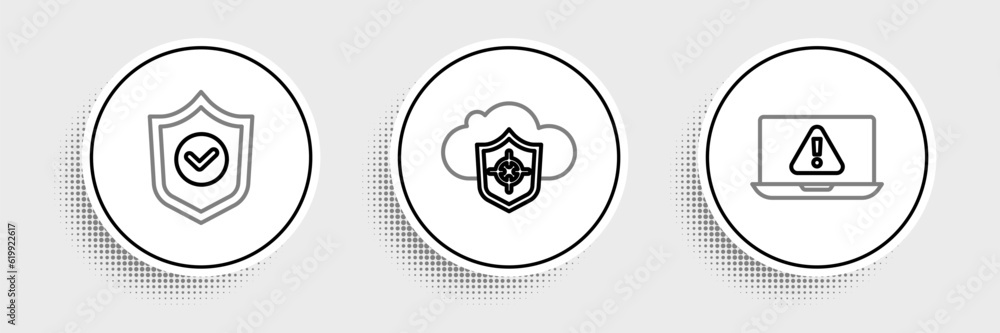 Fototapeta premium Set line Laptop with exclamation mark, Shield check and Cloud and shield icon. Vector