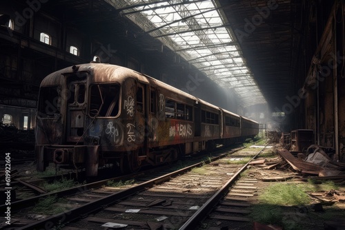 Post-apocalyptic city with abandoned train station and trains. Generative AI