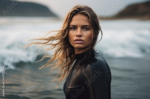 medium shot portrait photography of a serious, girl in her 20s surfing in the sea. With generative AI technology
