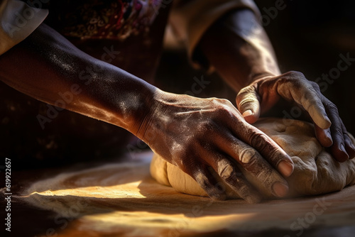 hands of a person kneading dough. The hands look alive and the motion seems automatic, suggesting that the person is experienced in the process of kneading