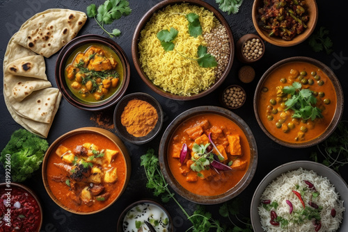 multiple bowls of Indian food served in small serving bowls on a dark background. Each serving looks appetizing and colorful thanks to the use of various spices and sauces