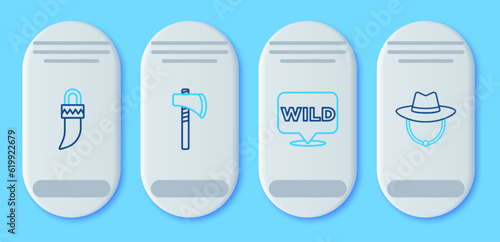 Set line Tomahawk axe, Pointer to wild west, Tooth and Western cowboy hat icon. Vector