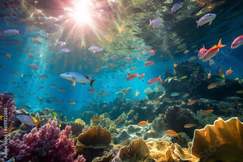 colorful fish swimming in a coral reef. in the background look very bright  while a contrast and life to them.