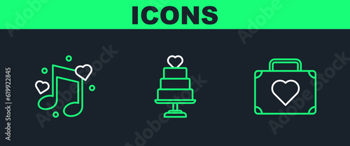 Set line Suitcase for travel with heart, Music note, tone hearts and Wedding cake icon. Vector