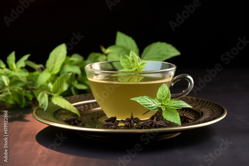 cup of mint and green tea on a black background. color contrasts with the dark background, creating depth and vibrancy. associated with healthy lifestyle.