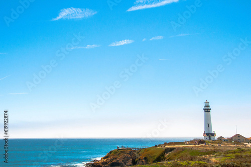 Pigeon Point Lighthouse Along California Coast and Cliffs With Blue Ocean Waters