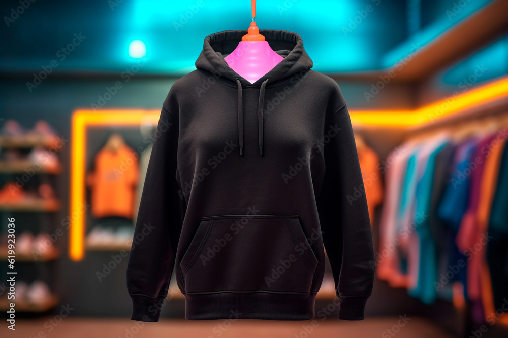 Mockup of black cotton sweatshirt on coat rack on neon light wall background, Generative AI Mockup of black cotton sweatshirt on coat rack on neon light wall background, Generative AI