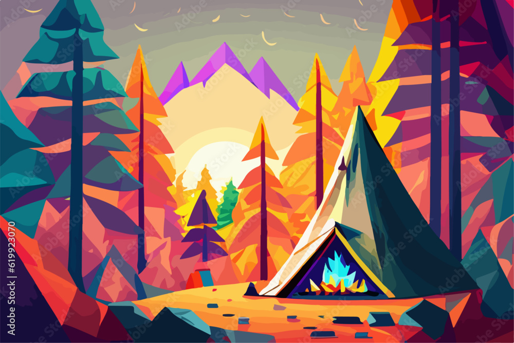 Campfire in the forest in the night. Vector illustration of fire in the nature. Traveling illustration. Holiday camp, cartoon style landscape. Mountain vacation. Bonfire in the wood for picnic. Campfire in the forest in the night. Vector illustration of fire in the nature. Traveling illustration. Holiday camp, cartoon style landscape. Mountain vacation. Bonfire in the wood for picnic.