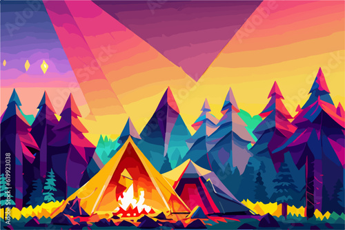 Campfire in the forest in the night. Vector illustration of fire in the nature. Traveling illustration. Holiday camp, cartoon style landscape. Mountain vacation. Bonfire in the wood for picnic.