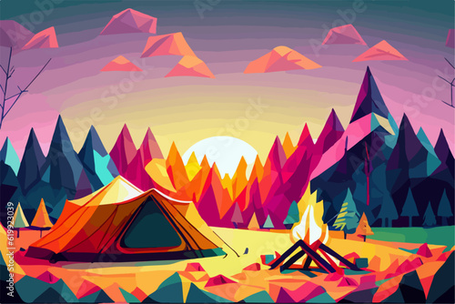 Campfire in the forest in the night. Vector illustration of fire in the nature. Traveling illustration. Holiday camp, cartoon style landscape. Mountain vacation. Bonfire in the wood for picnic.