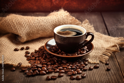 coffee cup and beans on a wooden table creates an atmosphere of comfort and coziness. The warm colors and table  as well as the texture on the tabletop  convey a pleasant
