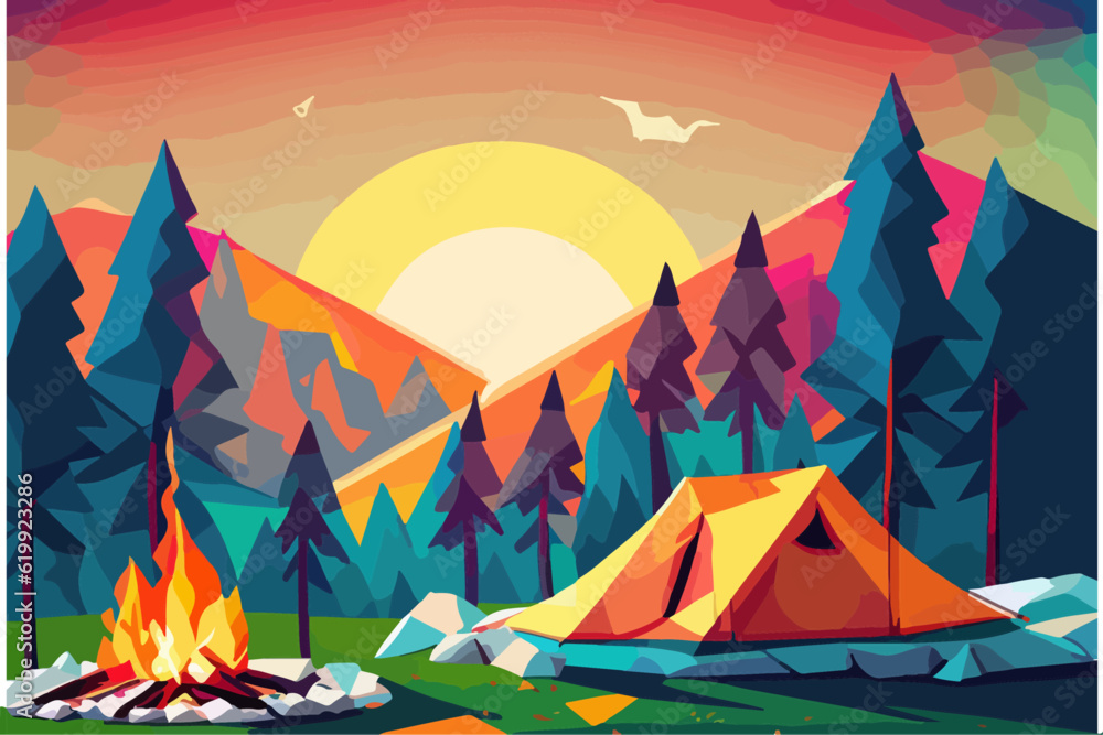Campfire in the forest in the night. Vector illustration of fire in the nature. Traveling illustration. Holiday camp, cartoon style landscape. Mountain vacation. Bonfire in the wood for picnic. Campfire in the forest in the night. Vector illustration of fire in the nature. Traveling illustration. Holiday camp, cartoon style landscape. Mountain vacation. Bonfire in the wood for picnic.