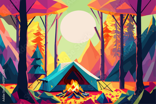 Campfire in the forest in the night. Vector illustration of fire in the nature. Traveling illustration. Holiday camp, cartoon style landscape. Mountain vacation. Bonfire in the wood for picnic.
