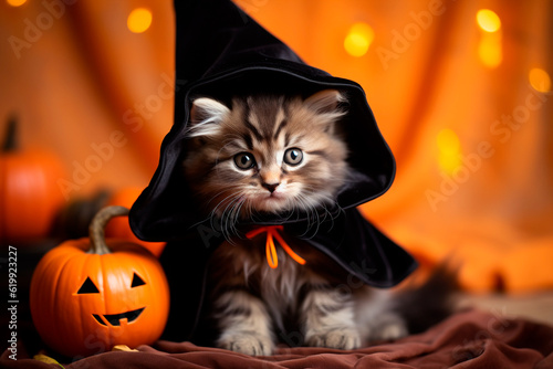  Cute kitten in a Halloween costume. The kitten is sitting surrounded by a Halloween setting. Generative AI