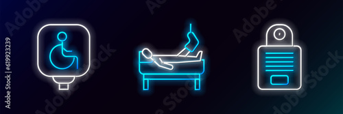 Set line Intercom, Disabled wheelchair and Patient with broken leg icon. Glowing neon. Vector